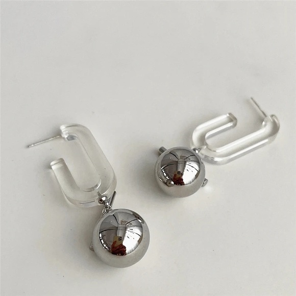 Korean Vintage Geometric Acrylic Metal Ball Silver Drop Earrings - Picture 2 of 5